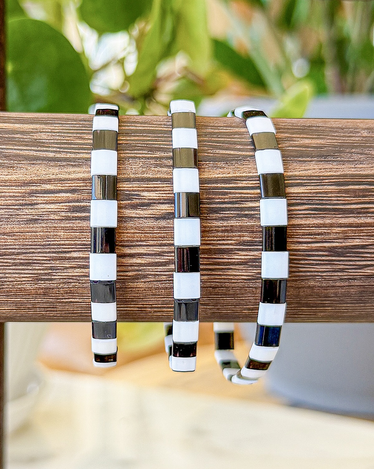 Bracelet close-up photograph in black and ivory tiles